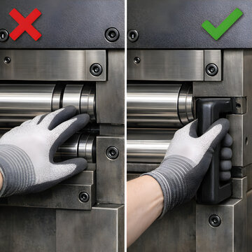 Machine Guard Door Safety Interlock Comparison, Unsafe vs Safe Machine Guarding with Red X and Green Check Icons for Industrial Maintenance Compliance and Accident Prevention
