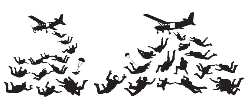 Group of Skydivers Freefalling From Small Plane in Parachute Adventure Silhouette