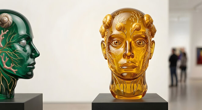 Front view of a surreal human head sculpture made of amber yellow glass with internal neural tree and sea shells. Intelligence and consciousness concept.