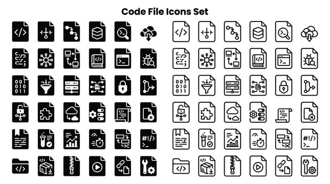 Collection of 30 diverse coding icons for software development and programming