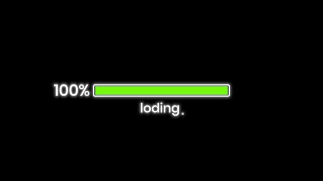 White neon progress bar animation with vibrant green fill color zero to one hundred percentage counter and transparent alpha channel background overlay loading screen loop 4k