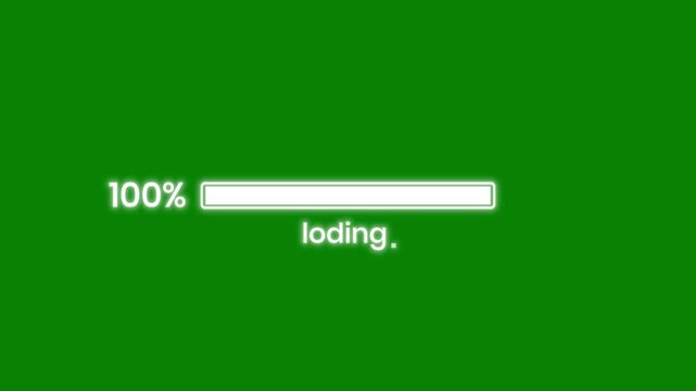 Green screen white neon progress bar animation with zero to one hundred percentage text and loading indicator clock for website chroma key overlay loop 4k motion design vfx