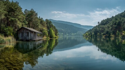 Obraz premium Serene Wooden Cabin on Lake with Forest Reflection