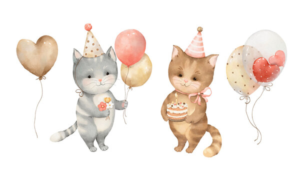 Watercolor set of cute cats with bouquet of flowers, cake and balloons. Isolated holiday collection cute characters for your design invitation or greeting cards, prints or posters. Hand-drawn image