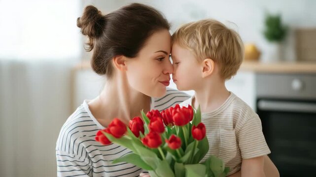 Tender mother and son moment with red tulips at home, forehead-to-forehead affection, cozy kitchen background, warm realistic Mother&rsquo;s Day stock photo A mother in a striped shirt