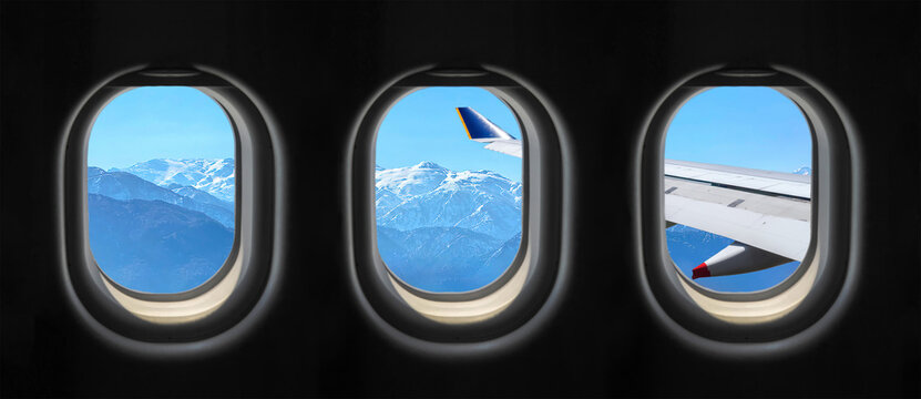 View outside the plane window. Photograph of the view through the plane window.