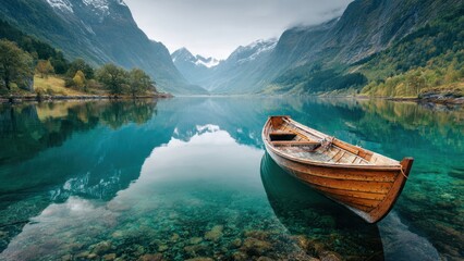 Obraz premium Wooden Boat on Serene Mountain Lake