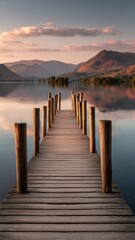 Obraz premium Wooden Dock Leading to Mountain Lake at Sunset