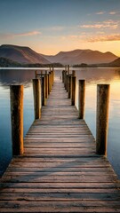 Obraz premium Wooden Dock Leading to Mountain Lake at Sunset