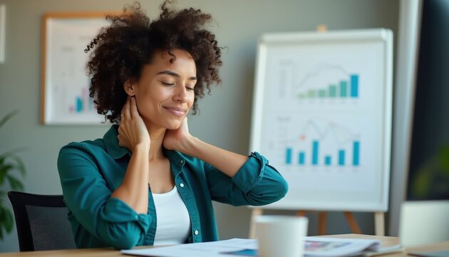 Woman works at home office, feels neck pain from sitting too long. She rubs her neck, trying to relieve tension from working hard on computer. Female employee has discomfort.