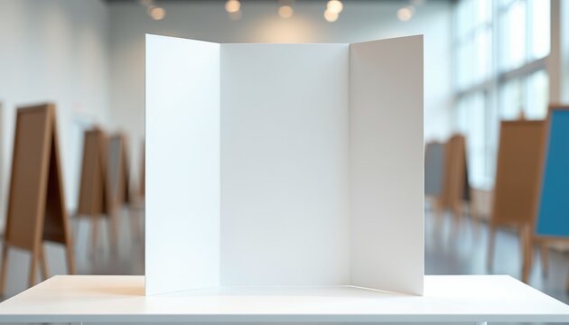 Empty white tri-fold display board stands on table in empty room. Use this board for presentations or science fair projects. It has three foldable panels for displaying information.