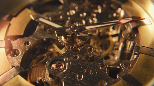 Close view of mechanical watch gear systems working in harmony to keep time accurately during the day