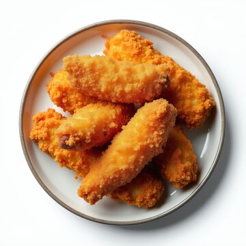 Crispy golden fried chicken tenders piled high on a white plate. These breaded strips of poultry offer a delicious snack or meal option. Perfect for fast food menus or home cooking.
