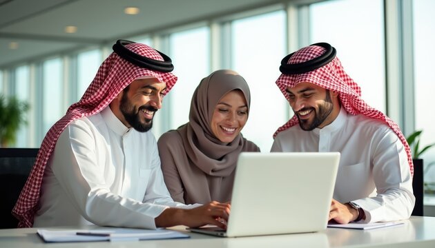 Three Arab professionals in traditional dress huddle around laptop at desk. They smile and collaborate on project, discussing ideas. Business people work together in modern office with bright windows.