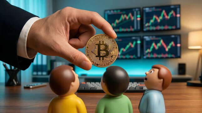 Businessman's hand holds a physical bitcoin coin above miniature people watching stock market charts on multiple computer screens in an office setting.