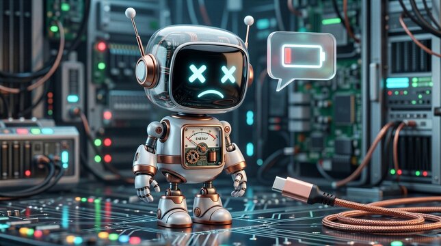 Digital robot displays an unhappy expression with a low battery icon indicating power depletion in a futuristic data center.