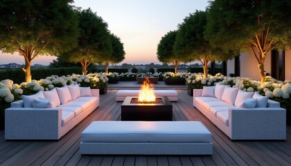Obraz premium Luxury rooftop terrace with white wicker furniture and a central fire pit. Soft lighting illuminates trees and white flowers. Perfect for evening gatherings and relaxation outdoors.