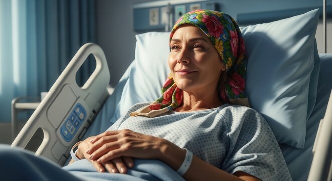 Woman in hospital bed with colorful headscarf smiling