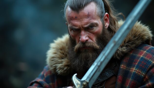 Scottish warrior with beard, sword stands ready for battle. Man wears kilt, fur lined coat, looking intensely forward. He is equipped for combat in traditional highland attire, fierce, determined.