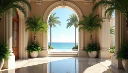 Obraz premium Luxurious archway frames ocean view with palm trees. Elegant interior design, marble floors reflect sunlight. Tropical paradise, serene seascape, luxury resort architecture.