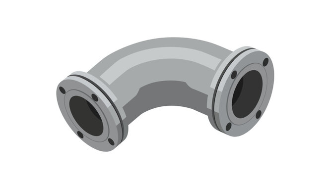 Vector illustration of a metal 90-degree elbow pipe fitting with flanges isolated on a white background