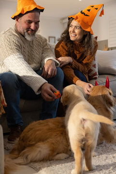 Couple sitting on sofa wearing pumpkin hats, holding pumpkin toy, petting dog with red horns