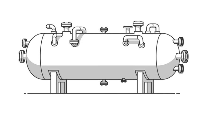 Horizontal industrial pressure vessel storage tank with connected pipes and valves vector illustration for engineering and chemical processing