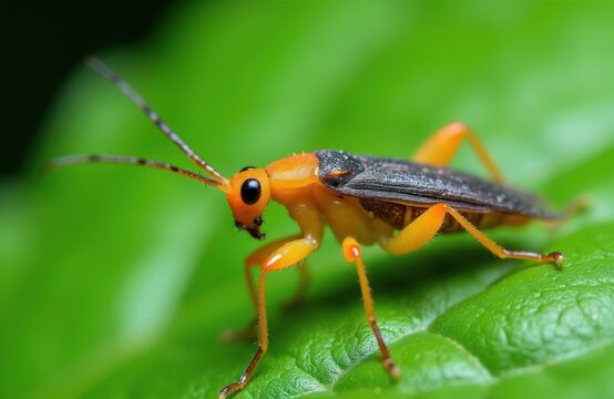 Orange and black insect detailed macro on green leaf. Small bug with long antennae and legs shows damage to plants. Shows pest control issues.