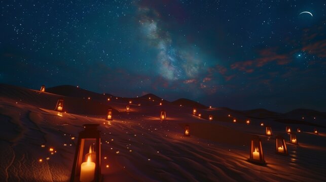 Starlit desert stretches beneath a glowing Milky Way. Candles glow softly on dunes, casting warm light. Moon and distant stars paint the sky in serene hues. Silent, magical, and inviting