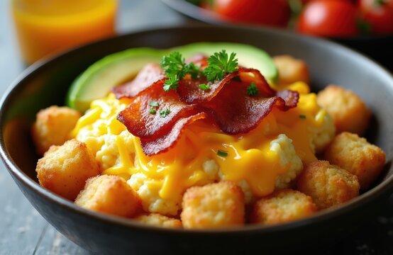 Savory breakfast bowl with scrambled eggs, melted cheese, crispy tater tots, and bacon slices. Served with avocado and fresh parsley garnish. A hearty and delicious morning meal option.