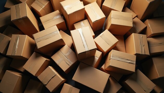 Pile of many brown cardboard boxes for shipping and delivery. Items stacked randomly, ready for transport or return. Online order packaging concept.