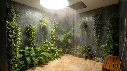 Fototapeta premium Indoor shower with rain head and living green wall