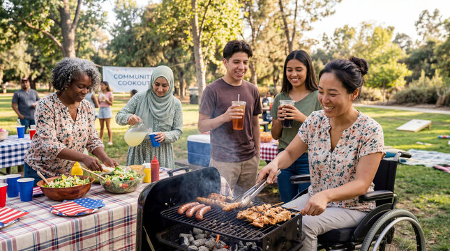 Diverse community park cookout with Asian woman in wheelchair grilling meat while friends enjoy summer BBQ at a park