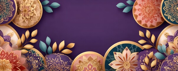 Obraz premium Elegant purple background with gold mandala ornaments and floral decorative wallpaper design