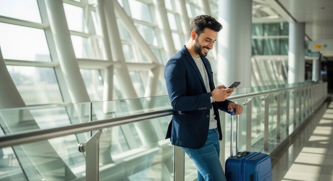 Man on phone with suitcase in modern airport terminal
