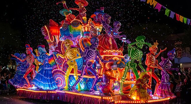 Colorful parade float featuring skeleton figures illuminated at night