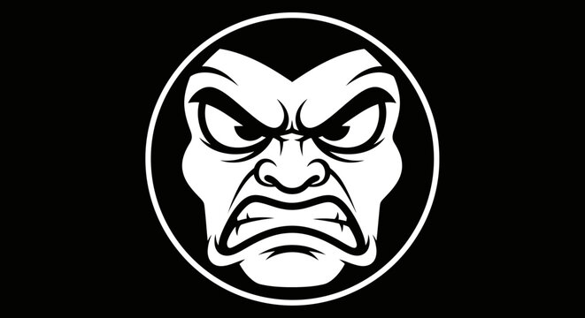Angry Face Icon, Furious Expression, Black and White Cartoon Character