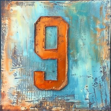 Bold orange numeral "9" stands out against a textured, weathered canvas. Blue and rust tones swirl beneath a gritty, layered surface