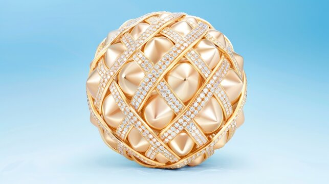 Golden sphere gleams with diamond accents. Geometric lattice design radiates elegance. Bright background enhances its luxurious appeal. Ideal for luxury branding or high-end product visuals