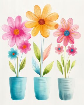 Three potted flowers bloom in soft pastel hues. Each flower has unique petals, stems, and leaf shapes. Bright colors contrast with gentle, textured pots. Illustration style feels cheerful and calming