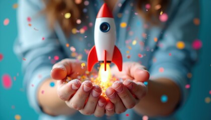 Fototapeta premium Hands hold toy rocket with colorful confetti flying. Concept for new project start innovation or successful launch. Future exploration adventure begin.