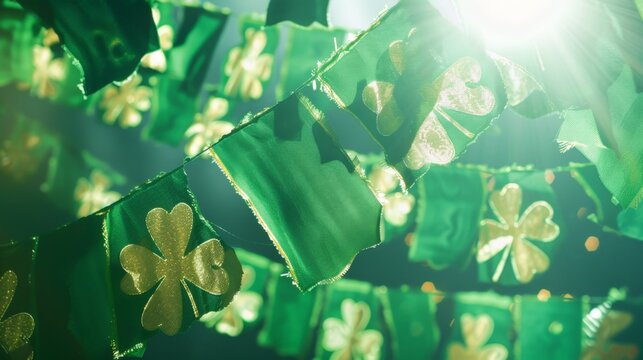 Green fabric flags with golden shamrocks hang in sunlit rows. Sunbeams pierce through leaves, casting warm highlights. Festive decorations glow with celebration energy. Perfect for St