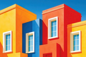 Obraz premium Vibrant colorful modern houses facades with geometric shapes and bright Mediterranean-style architecture