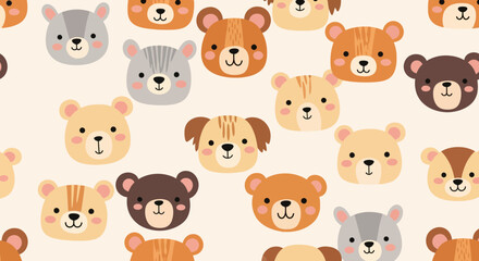 Fototapeta premium Seamless pattern featuring adorable cartoon animal faces in a pastel color palette
