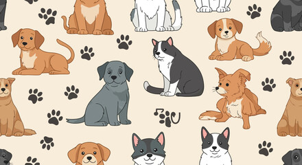 Obraz premium Seamless pattern featuring cute cartoon dogs and cats with paw prints on a light background