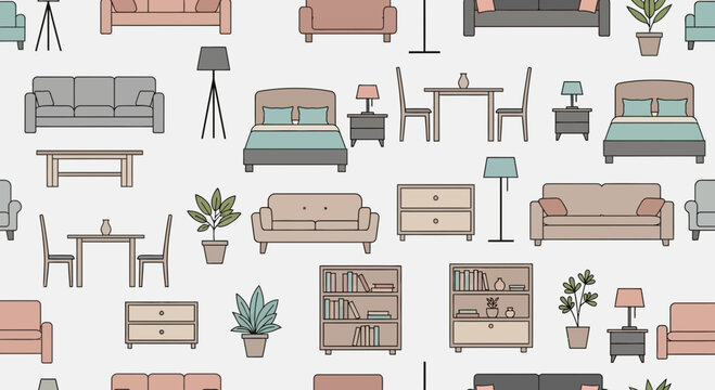 Seamless pattern featuring assorted furniture and decor elements in a pastel color palette