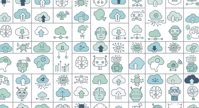 Seamless pattern featuring cloud computing artificial intelligence and digital technology icons on