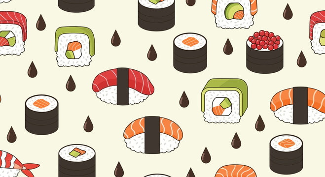Seamless pattern featuring diverse sushi rolls and nigiri on a light beige background creating a
