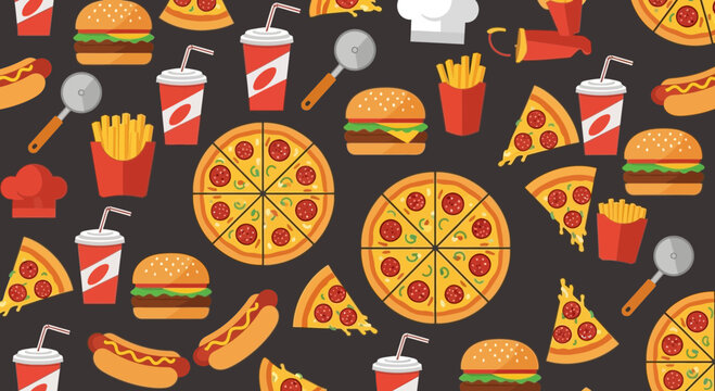 Seamless pattern featuring fast food elements like pizza, burgers, fries, and hotdogs