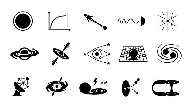 Astrophysics and space science icon set, 15 black vector symbols of black holes and wormholes, quantum physics and astronomy diagrams